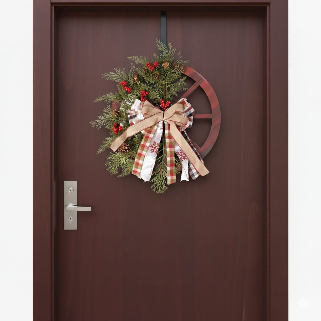40cm Christmas Rustic Wagon Wheel Wreath – Festive Red, Green & Natural Tones