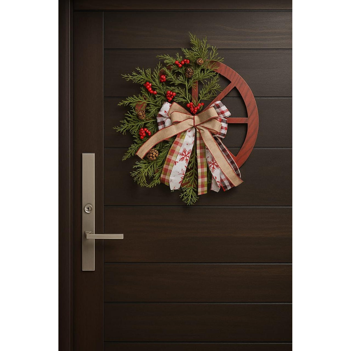 40cm Christmas Rustic Wagon Wheel Wreath – Festive Red, Green & Natural Tones