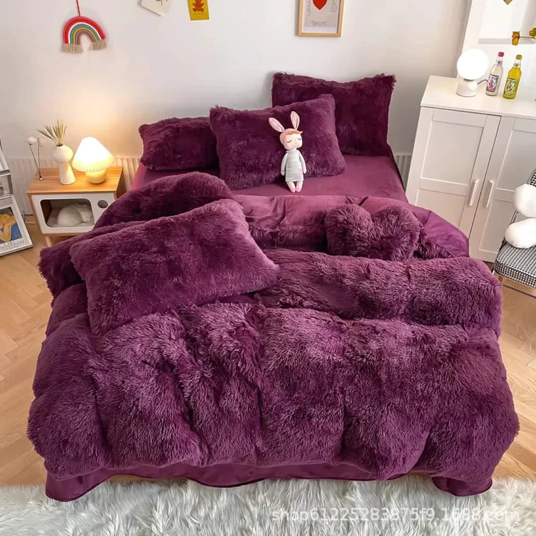 6pcs Luxury Velvet Plush Fluffy Duvet Set 6x6 with Fleece Bedsheet and Pillowcases Bedding