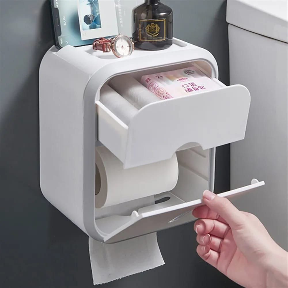 Multifunctional Wall Mounted Tissue Box – Waterproof Dual Compartment Organizer with Self-Adhesive Design