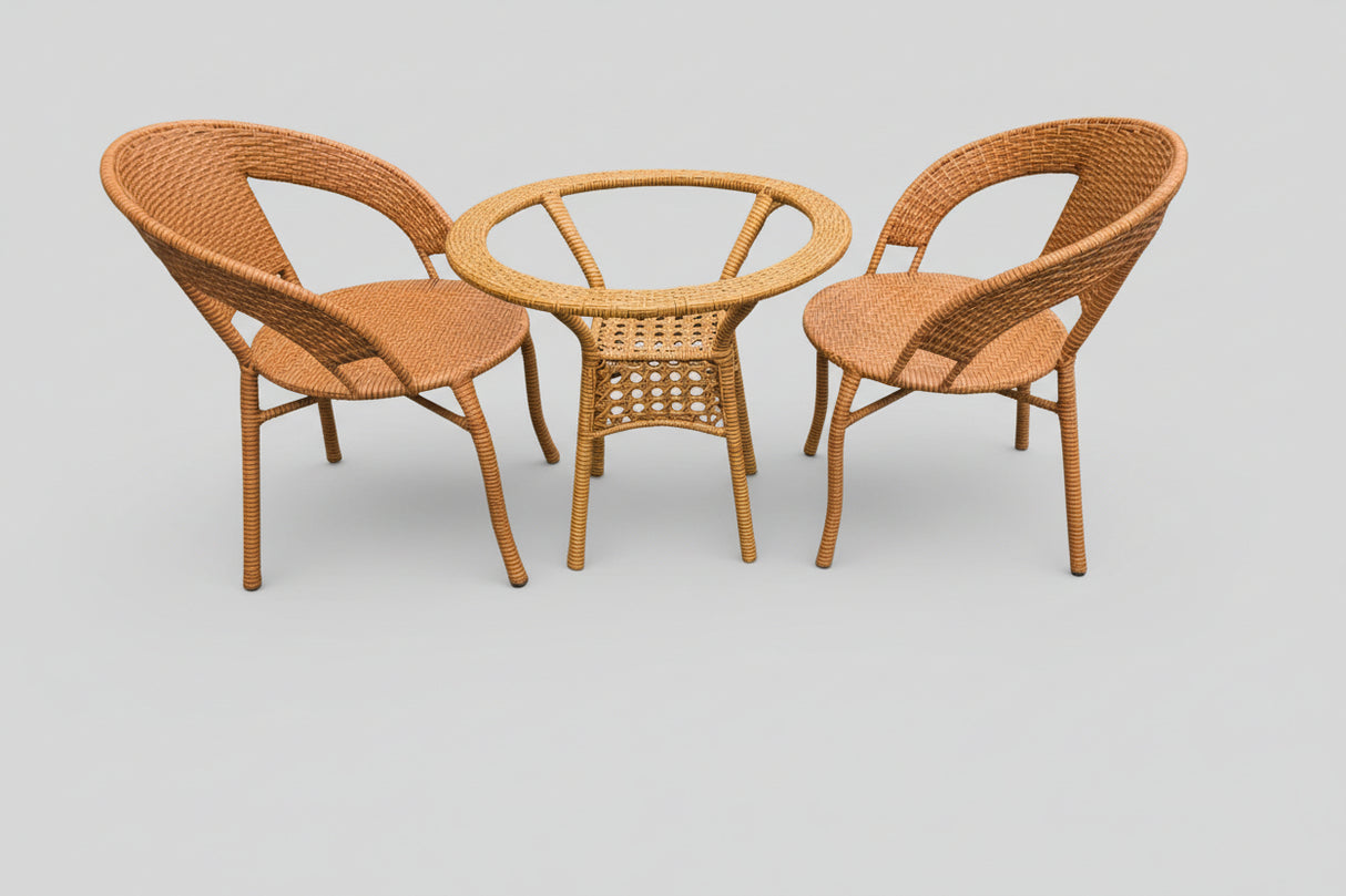 3-Piece Outdoor Rattan Bistro Set – Glass Top Table with Two Chairs for Balcony and Garden