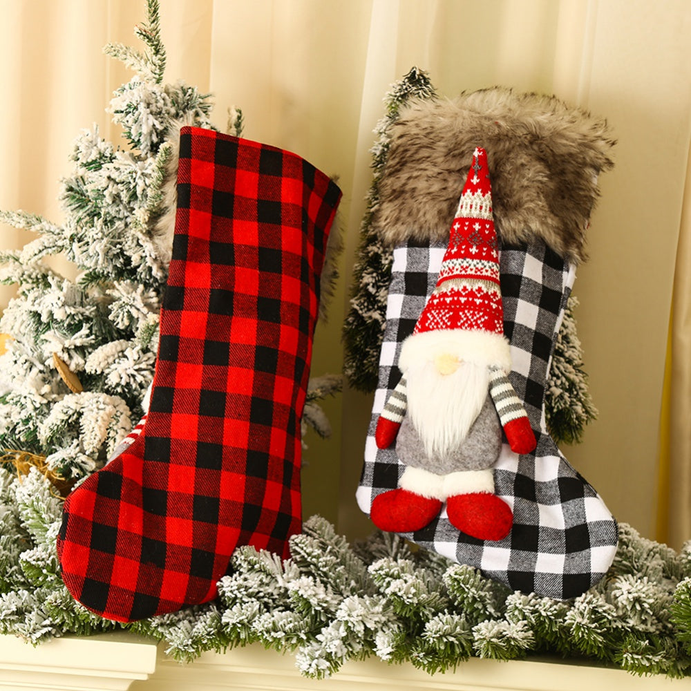 Buffalo Plaid Christmas Stockings – 3D Gnome Santa Design with Faux Fur Cuff