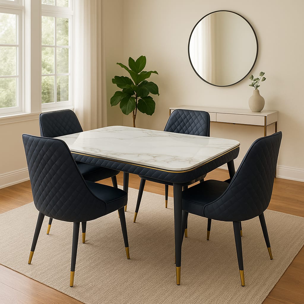 4 Seater Marble Dining Table Set with Microfibre Chairs – Elegant Modern Design