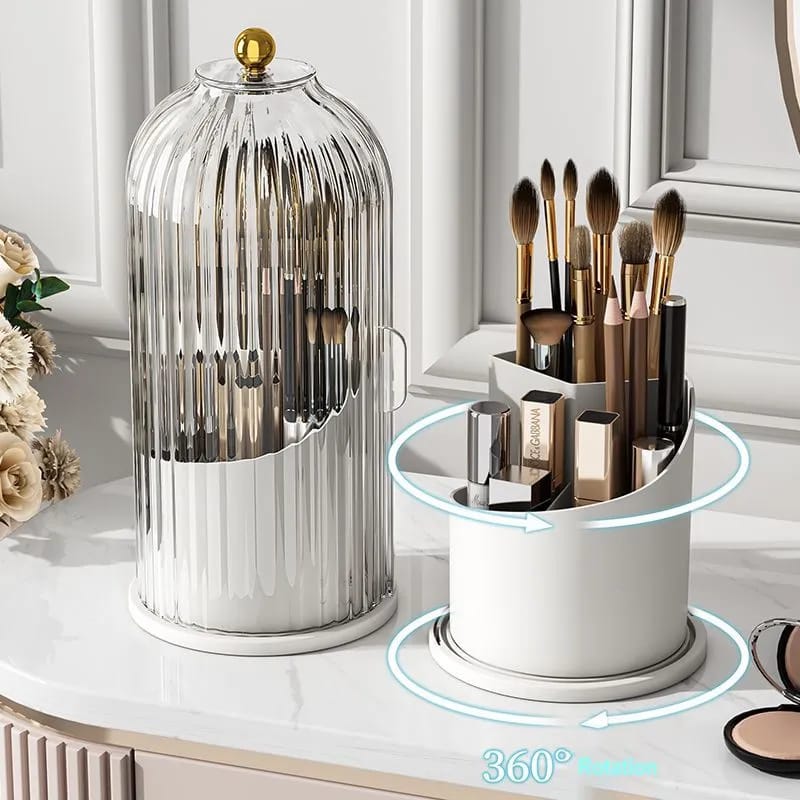 360° Rotating Makeup Organizer with Dustproof Lid – Elegant Vanity Storage