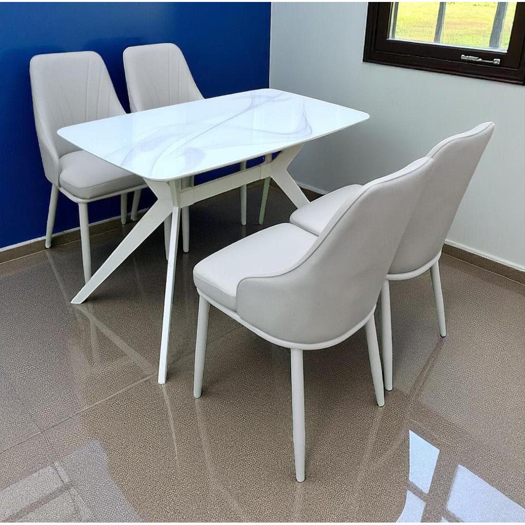 4 Seater Modern White Dining Set with Marble Top and Padded Chairs