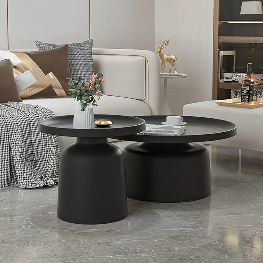 2 in 1 Modern Marble Round Coffee Table Set with Glossy Tempered Glass Top – White and Black Base Options