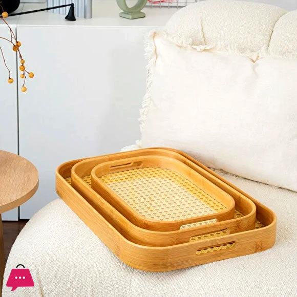 Bamboo Serving Trays 3 Piece Set - Multi-Functional Wooden Trays Grid Bottom Home Decor Kitchenware Serving Trays