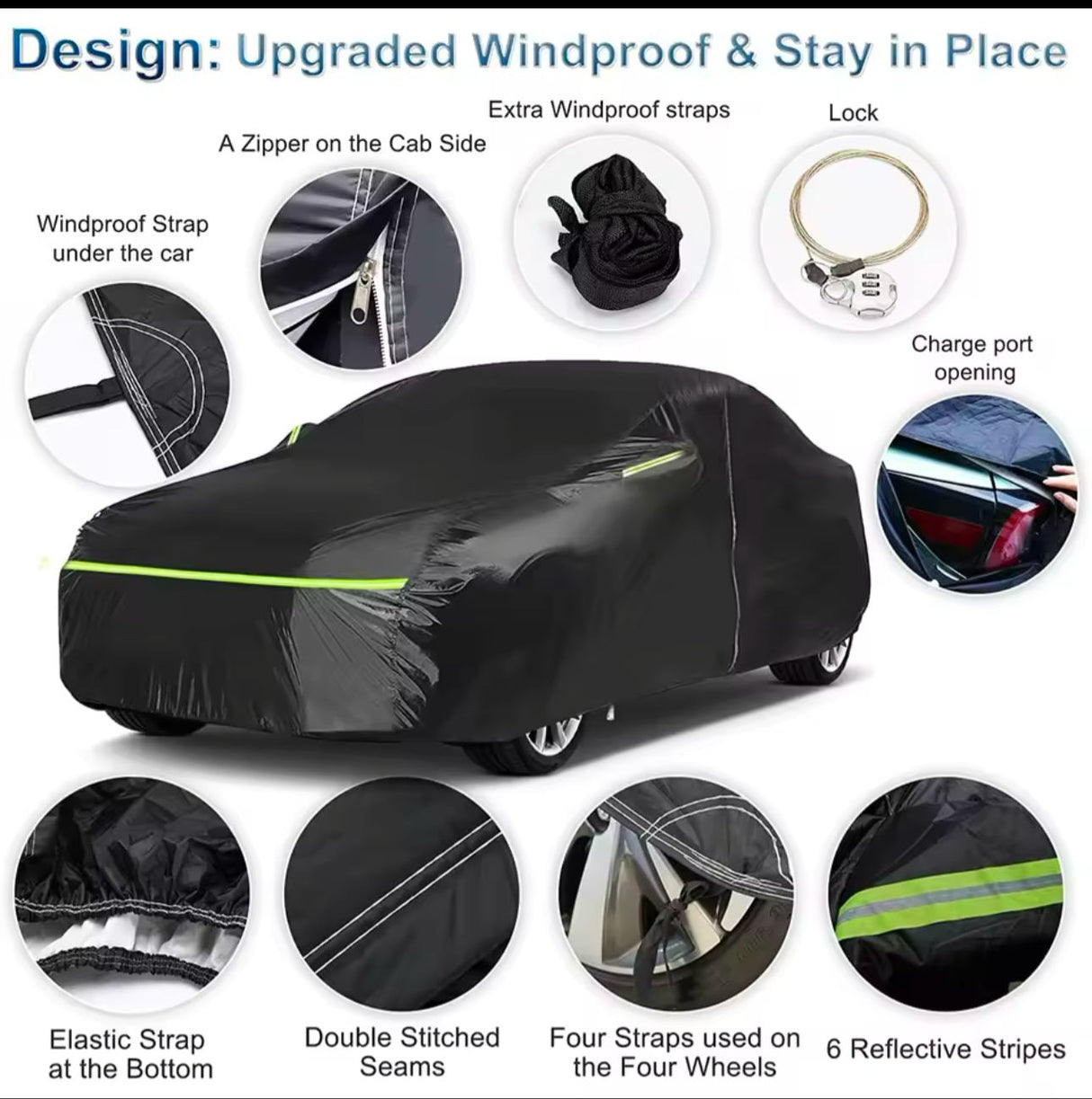 High Quality Universal Black Car Cover with Inner Fleece and Side Reflectors