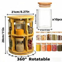 360° Bamboo Rotating Spice Jar Set – 10-Piece 300ml Glass Spice Containers with Bamboo Stand spice organizers Spice Organizers