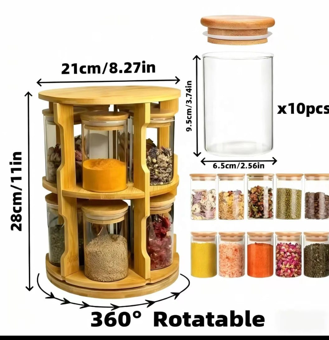 360° Bamboo Rotating Spice Jar Set – 10-Piece 300ml Glass Spice Containers with Bamboo Stand