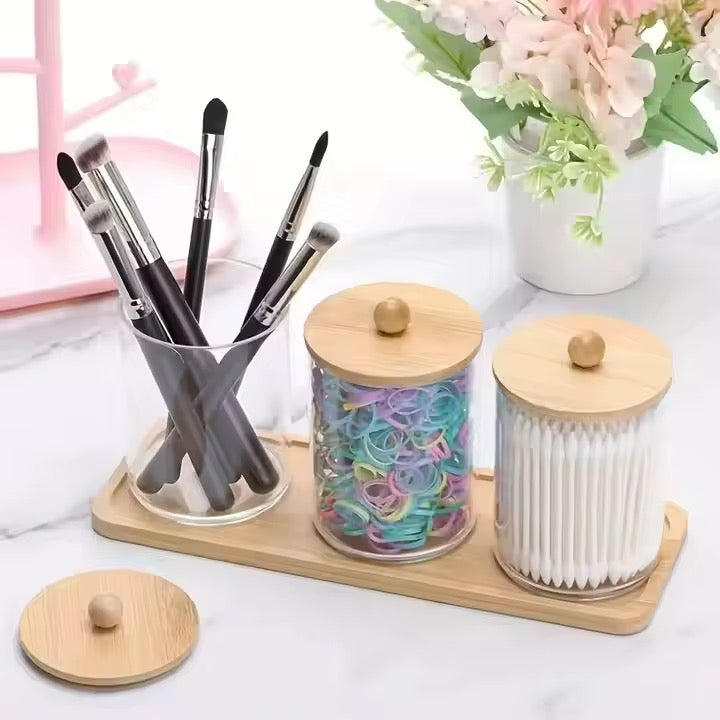 3pcs Acrylic Swab Storage Organizer with Bamboo Holder – 300ml Each