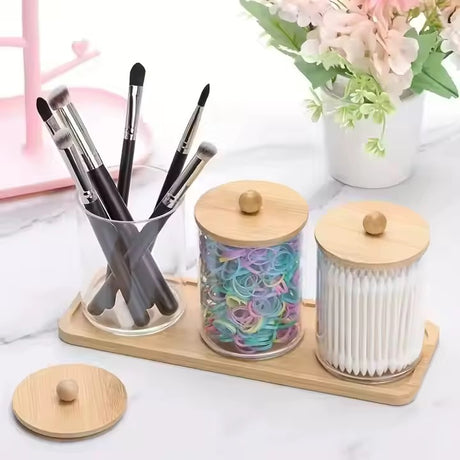 3pcs Acrylic Swab Storage Organizer with Bamboo Holder – 300ml Each