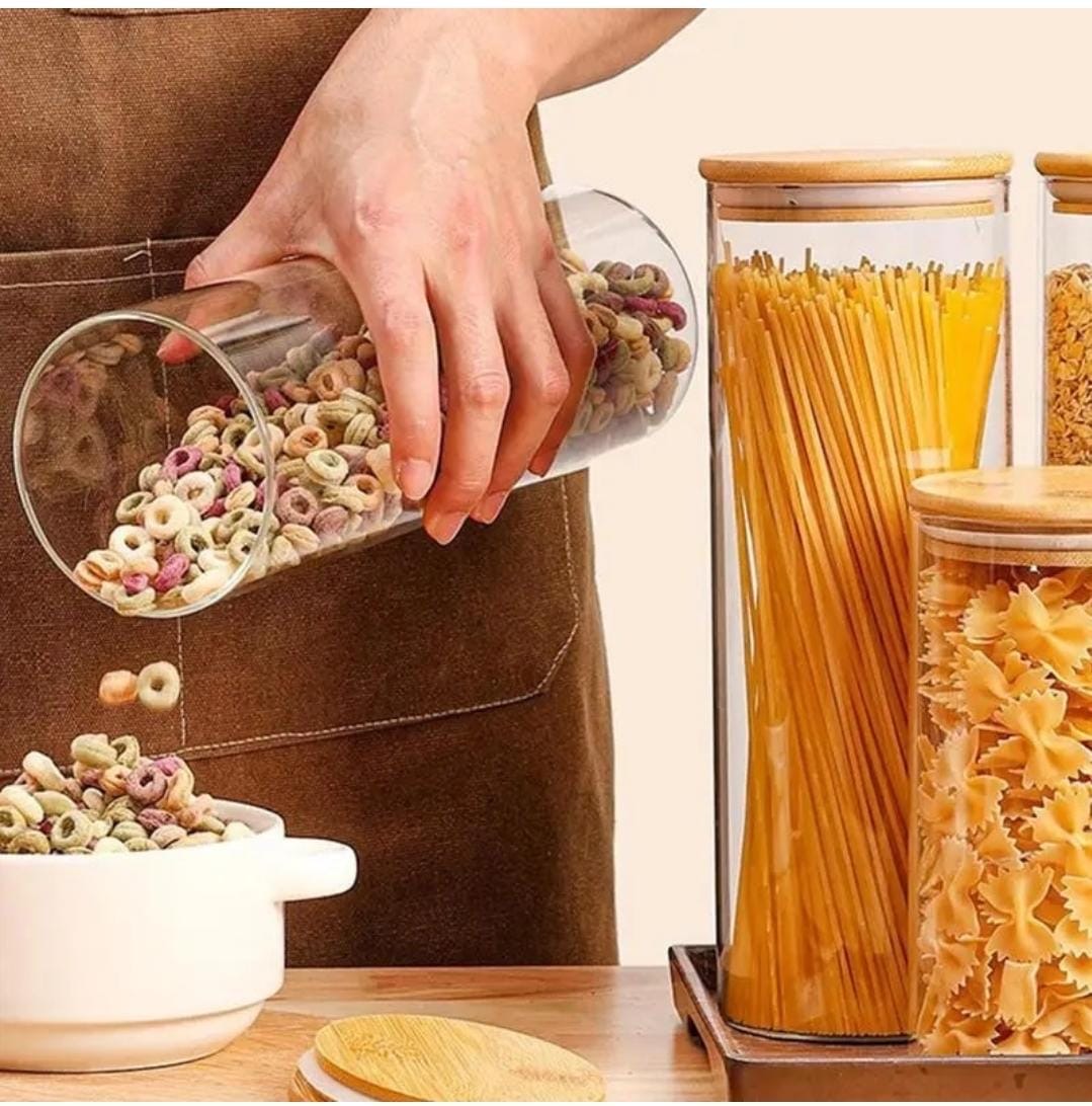 2000ml Glass Spaghetti & Cereal Jar with Airtight Bamboo Lid – Round- Furaha Finds Kenya