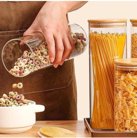 2000ml Glass Spaghetti & Cereal Jar with Airtight Bamboo Lid – Round- Furaha Finds Kenya