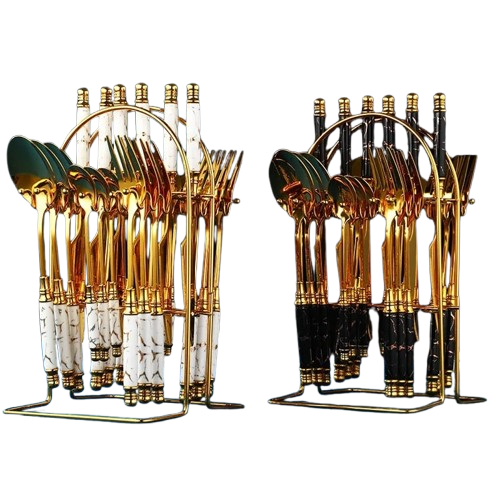 Furaha Finds 24-Piece Gold Marble Cutlery Set with Stand
