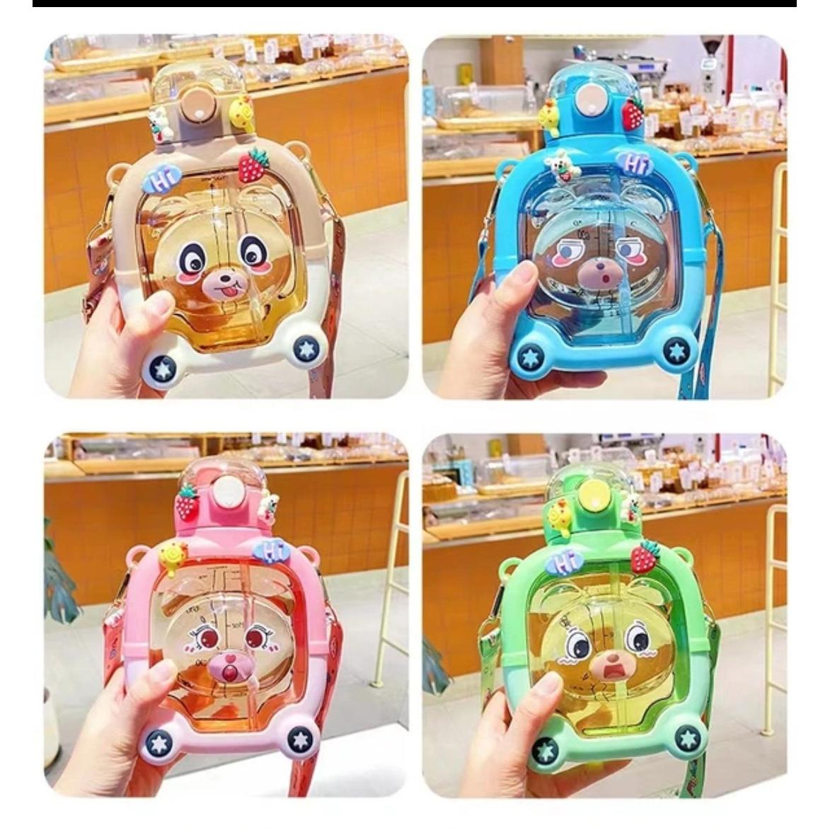 1000ML Cartoon Teddy Bear Water Bottle with Straw and Strap Cute Kids Water Bottle for Indoor & Outdoor Use