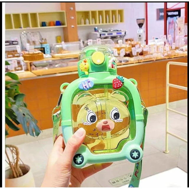 1000ML Cartoon Teddy Bear Water Bottle with Straw and Strap Cute Kids Water Bottle for Indoor & Outdoor Use