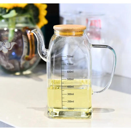 1000ml Square Shaped Oil Jar with Bamboo Lid Stylish and Functional Oil Dispenser for Kitchen