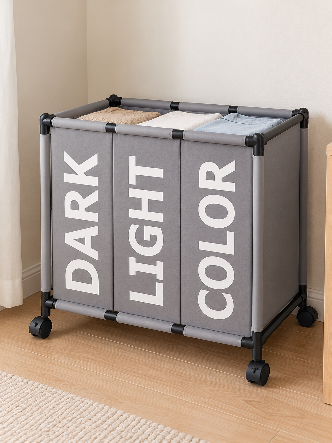 Grey three-section laundry basket with wheels