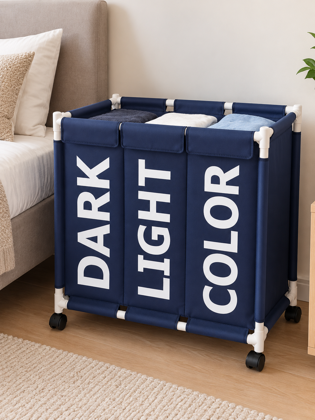 Navy blue  laundry basket with three labelled compartments and four wheels.