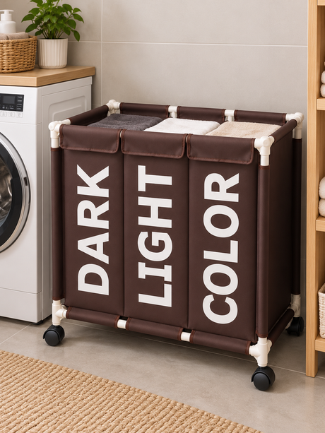 3-Compartment Oxford Fabric Laundry Basket with Wheels