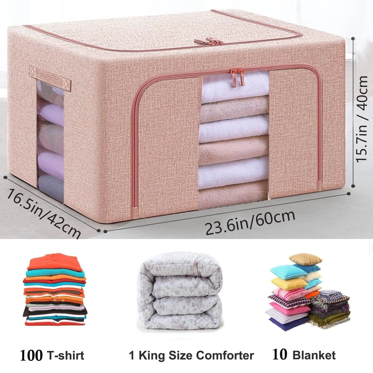 100L Foldable Storage Organizer Box with Zipper and Window 60x42x40cm Storage Bins Household Storage Bags