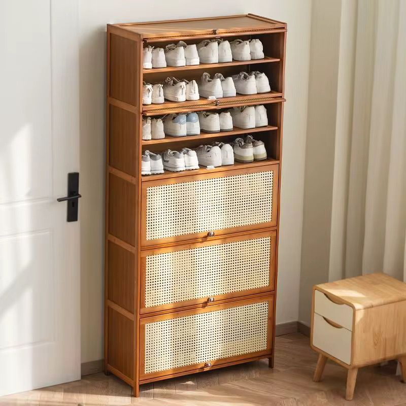 11-Layer Multifunctional Shoe Rack and Storage Shelf with Rattan Wooden Finish
