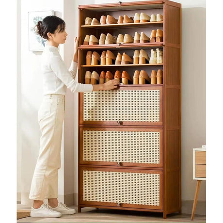 11-Layer Multifunctional Shoe Rack and Storage Shelf with Rattan Wooden Finish