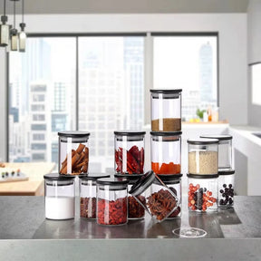 12-Piece Glass Spice Jar Set – 200ml with Black Bamboo Lids + Free Stickers & Pen | Airtight Kitchen Storage Spice Jar Spice Organizers