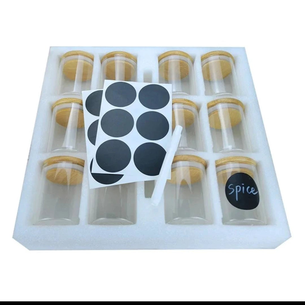 12-Piece Round Glass Jars Set with Bamboo Lids – 300ml Kitchen Storage Spice Organizers