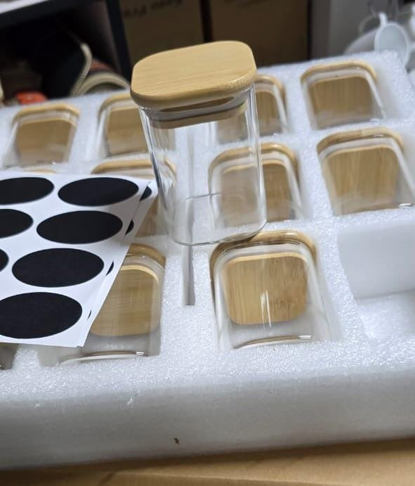 12pc Square Glass Spice Jar Set – 300ml with Bamboo Lids, Stickers & Pen