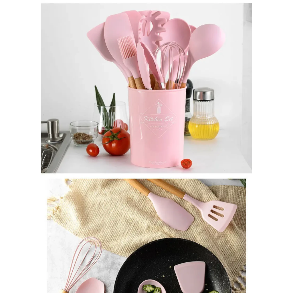 12pcs Silicone Spoon Set with Wooden Handle Heat Resistant Non Stick Cooking Utensil Set Kitchen Tools & Utensils
