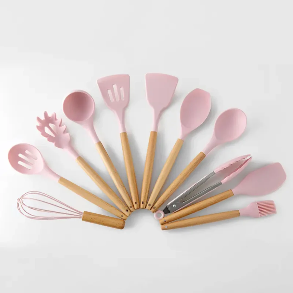 12pcs Silicone Spoon Set with Wooden Handle Heat Resistant Non Stick Cooking Utensil Set Kitchen Tools & Utensils