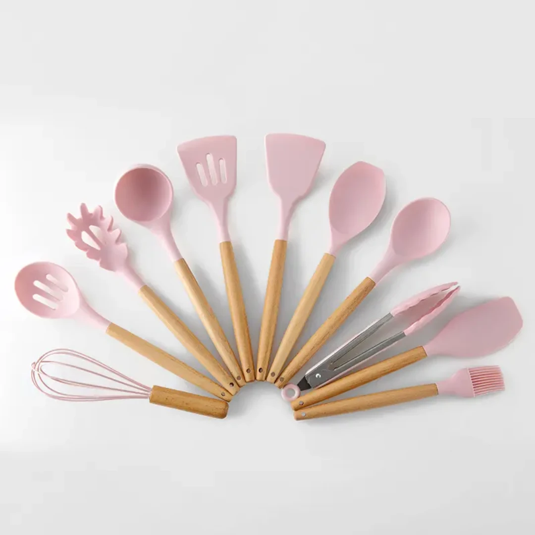 12pcs Silicone Spoon Set with Wooden Handle Heat Resistant Non Stick Cooking Utensil Set Kitchen Tools & Utensils