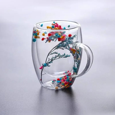 Insulated Double Wall Glass Cup with Dried Flower Design | Transparent Coffee & Tea Cup with Handle | Elegant Home & Office Drinkware- Furaha Finds Kenya