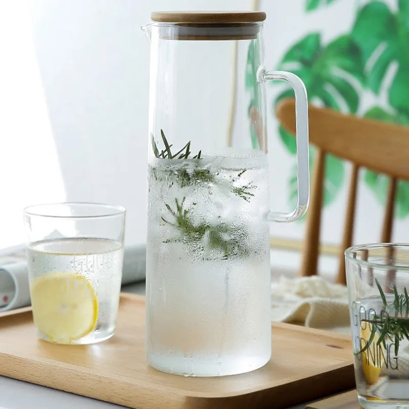 Transparent 1700ml Glass Borosilicate Water Pitcher Jug with Handle and Bamboo Lid | Multifunctional | Juice, Milk, Black Tea, Coffee