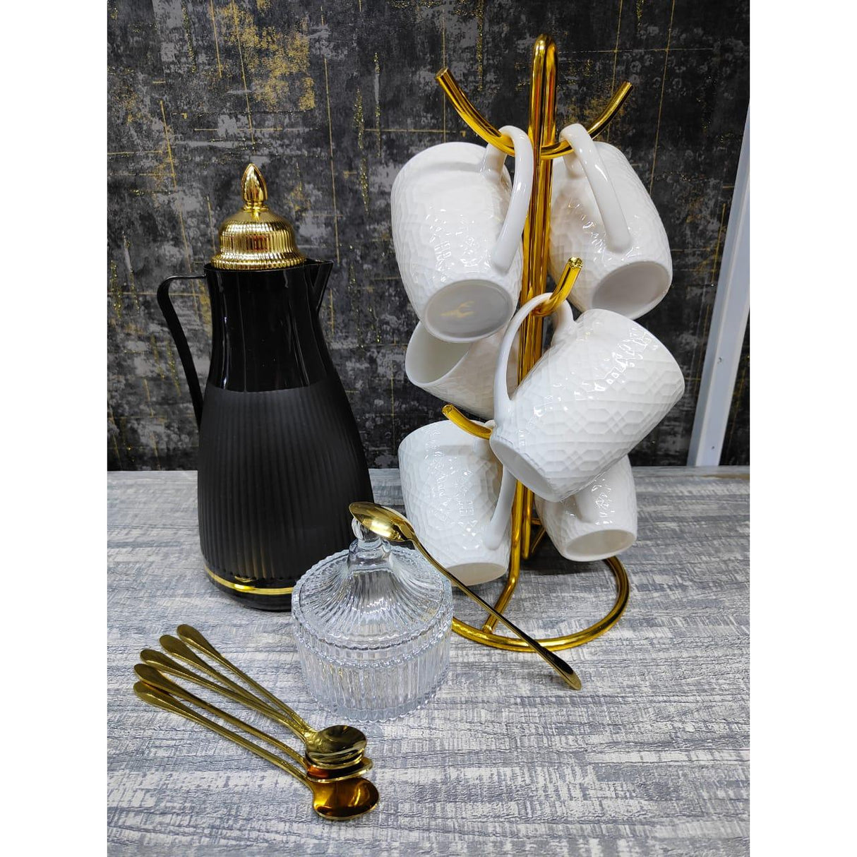 14 Piece Beautiful Tea Set | Elegant Flask, Cups, Sugar Dish & Gold Spoons