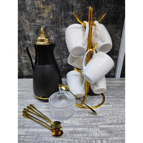 14 Piece Beautiful Tea Set | Elegant Flask, Cups, Sugar Dish & Gold Spoons