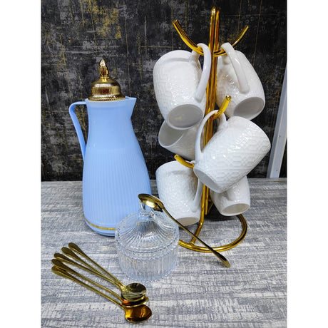 14 Piece Beautiful Tea Set | Elegant Flask, Cups, Sugar Dish & Gold Spoons