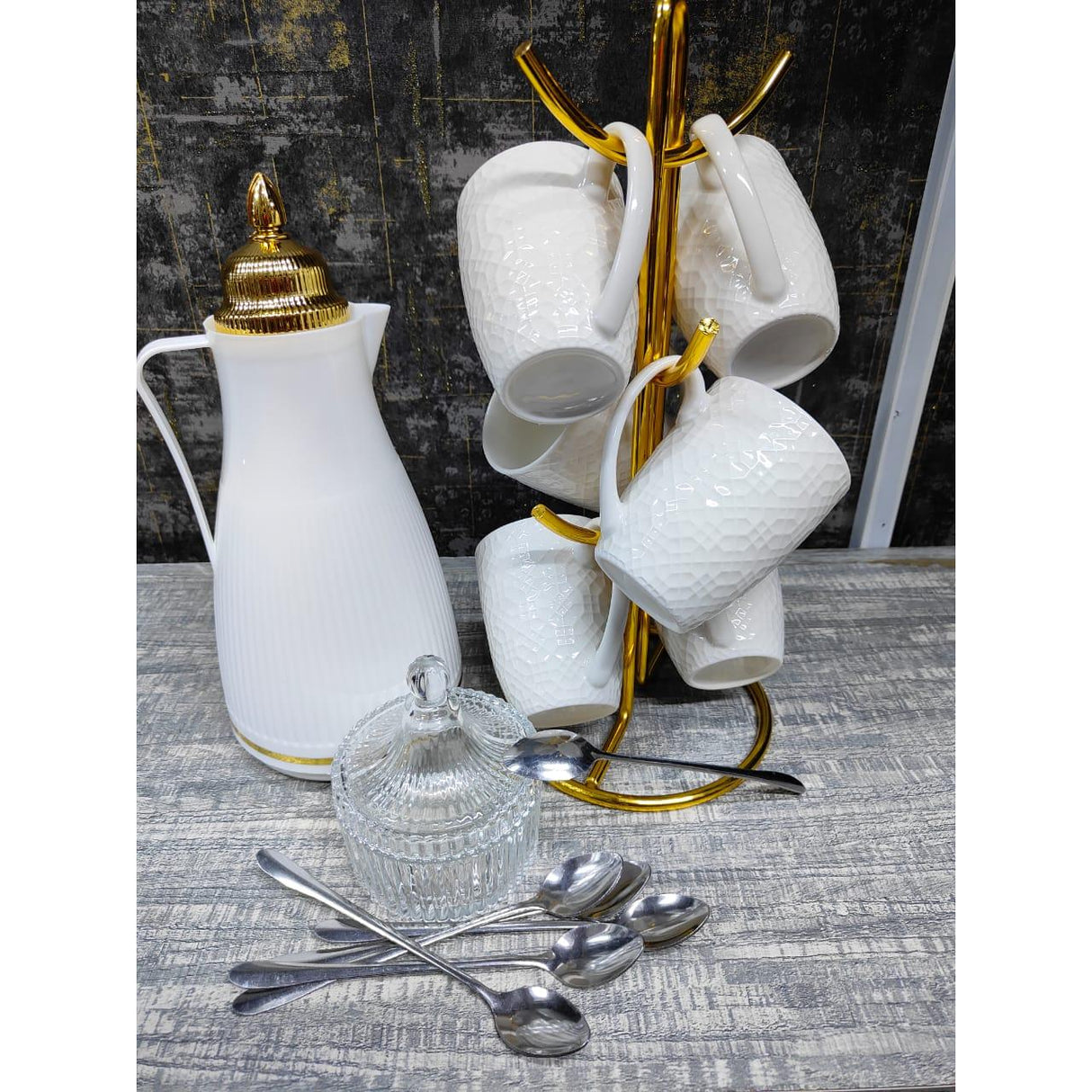 14 Piece Beautiful Tea Set | Elegant Flask, Cups, Sugar Dish & Gold Spoons