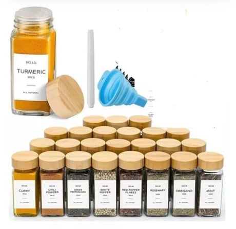 12pc Premium Thick Glass Spice Jar Set – 120ml with Bamboo Lids, Stickers, Funnel & Pen- Furaha Finds Kenya