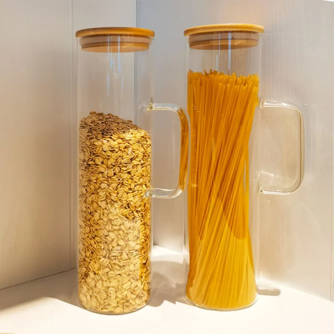 1500ml Round Glass Storage Jar with Bamboo Lid – Airtight Pasta and Kitchen Organizer