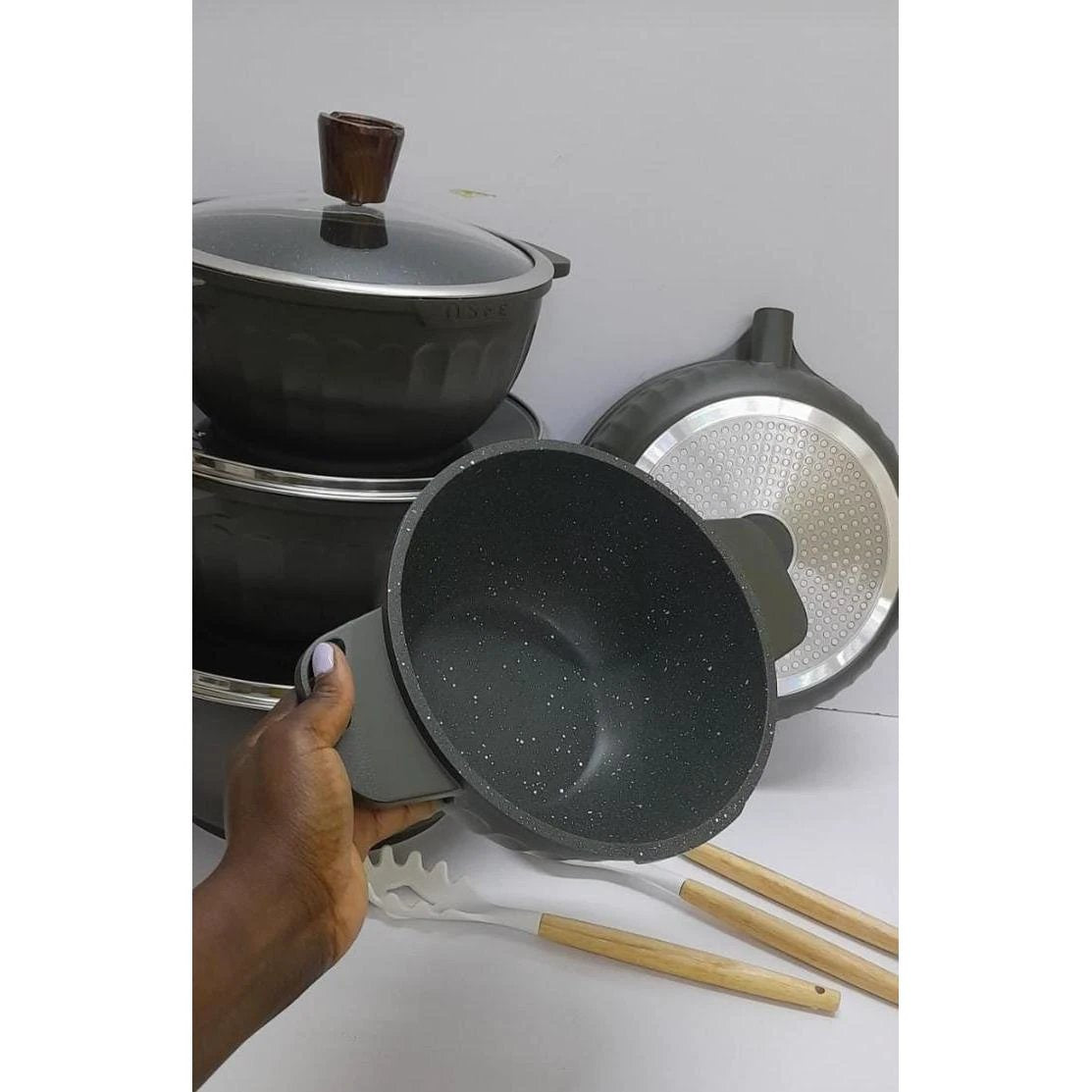 15pcs Granite Coating Kitchen Cookware Set Green Scratch Resistant & Durable Cookware Sets