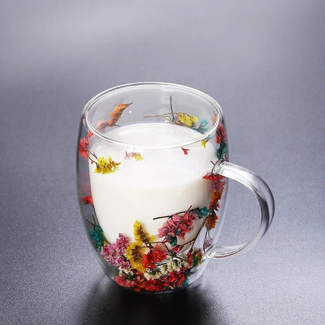 Insulated Double Wall Glass Cup with Dried Flower Design | Transparent Coffee & Tea Cup with Handle | Elegant Home & Office Drinkware- Furaha Finds Kenya