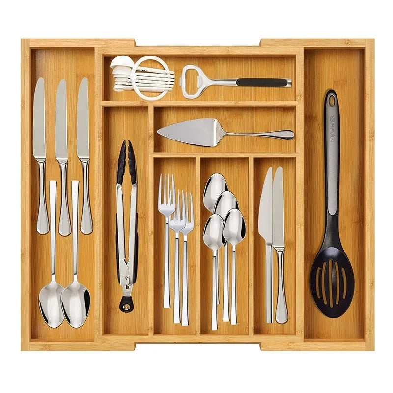 Expandable Bamboo Drawer Cutlery Organizer | Eco Friendly Bamboo Flatware & Silverware Tray | Adjustable Kitchen Utensil Organizer