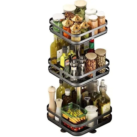 Multifunctional 3 Tier Square Metallic Rotating Storage Rack | Black Stainless Steel Condiment Organizer for Kitchen- Furaha Finds Kenya
