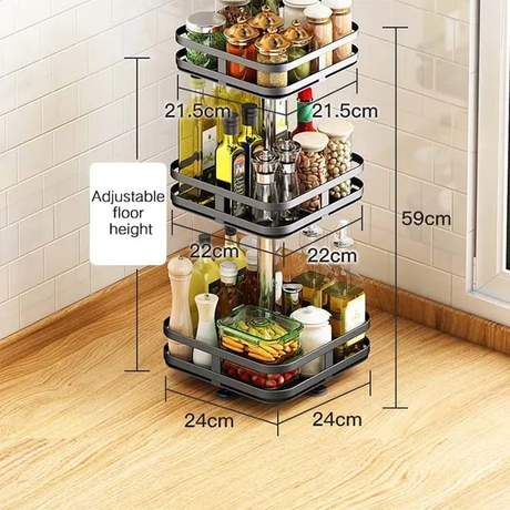 Multifunctional 3 Tier Square Metallic Rotating Storage Rack | Black Stainless Steel Condiment Organizer for Kitchen- Furaha Finds Kenya