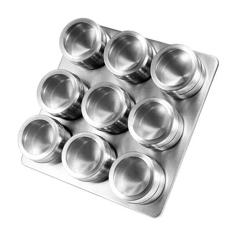 Magnetic Cruet Condiment Spice Jar Set 9 Piece Stainless Steel Set with Wall Mounted Rack Spice Container- Furaha Finds Kenya