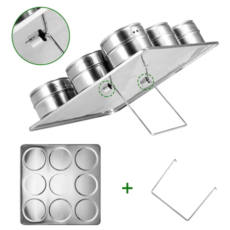 Magnetic Cruet Condiment Spice Jar Set 9 Piece Stainless Steel Set with Wall Mounted Rack Spice Container- Furaha Finds Kenya