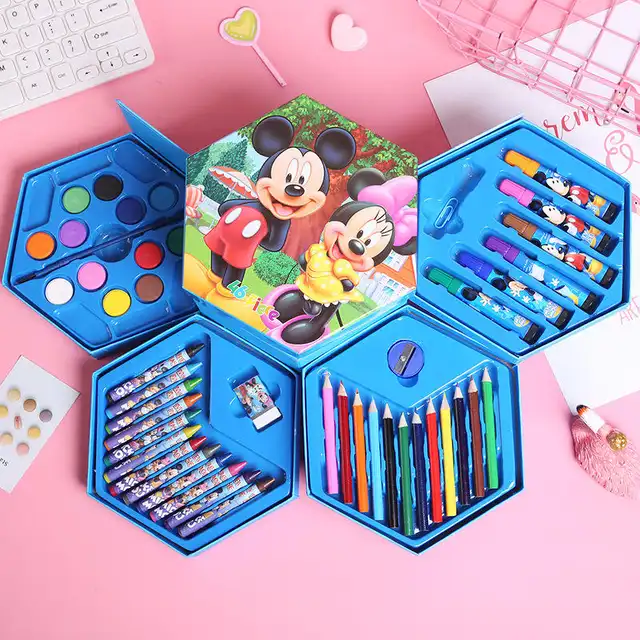Hexagonal Color Box Art Set for Kids 46pc Set with Pencils, Crayons, Paints & More (Disney Princess, Winnie the Pooh, Mickey Mouse)